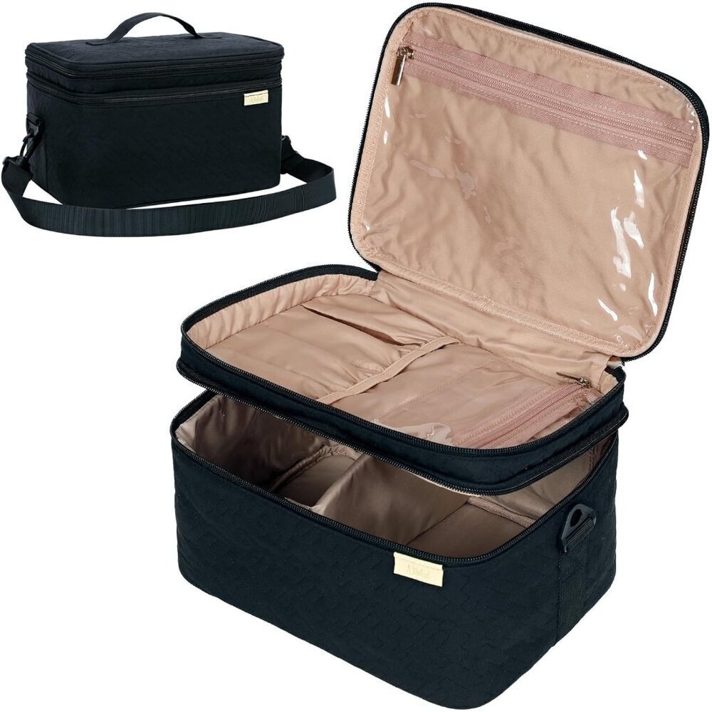 Travel Makeup Bag Women Double Layer Cosmetic Organizer Case Black